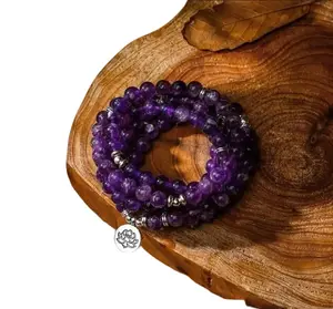 Natural Amethyst 108-Bead Mala Bracelet with Lotus Charm, Handmade Natural Crystal Healing Bracelet for Prayer Meditation, Spiritual Protection Jewelry Gift, Natural Crystal Bracelet, Healing Crystal Bracelet