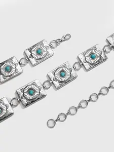 Boho Style Turquoise Textured Decorated Belt, Western Cowboy Style Metal Waist Chain for Women, Fashion Accessories for Daily Wear, Statement Belts