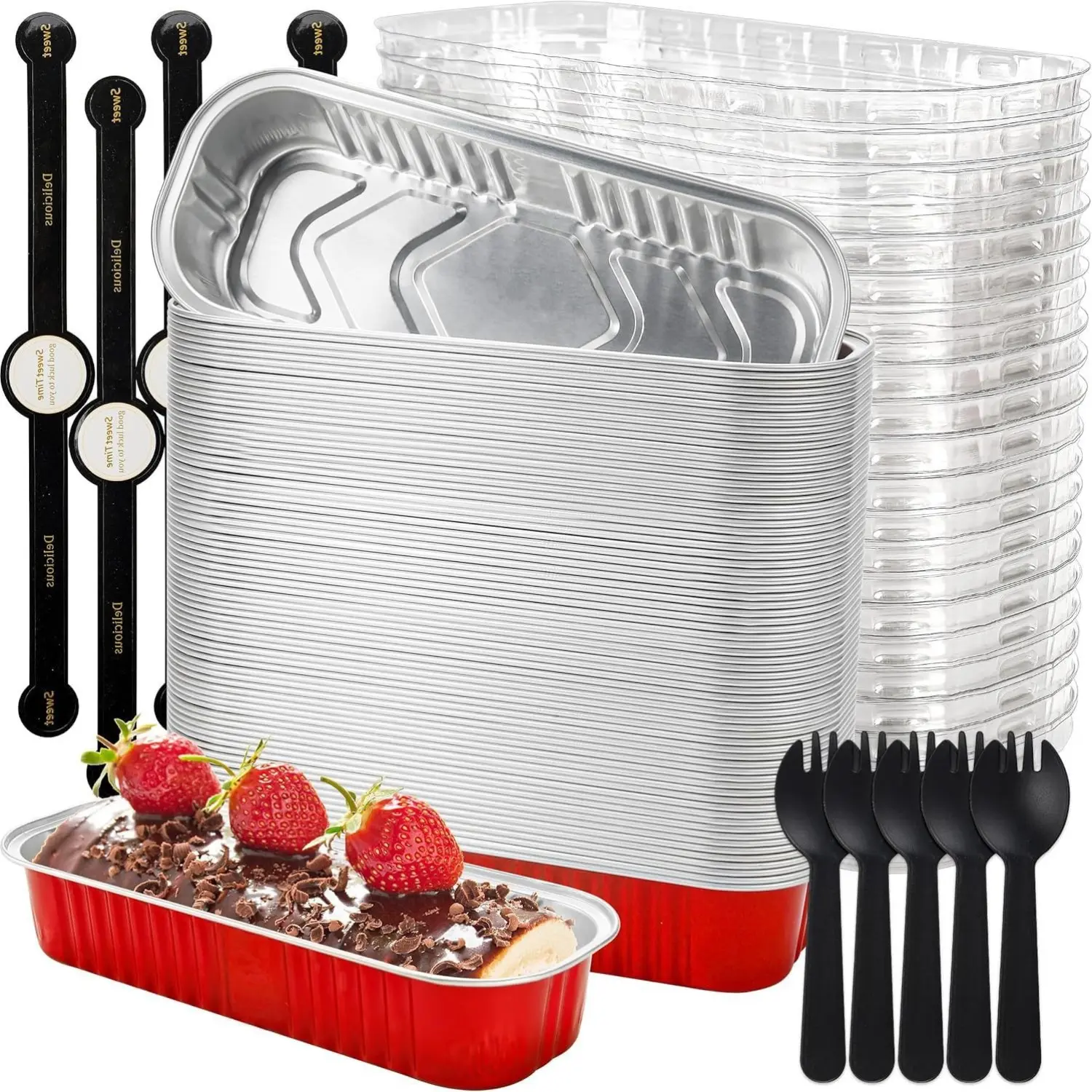 Sturdy 200-Pack Tin Foil Bakeware Mini Loaf Pans Set with Lids, Spoons, Seal Stickers - 6.8oz Oven Baking Dishes, Rack-Friendly, Plastic & Wooden Accessory-Compatible Containers for Baked Goods