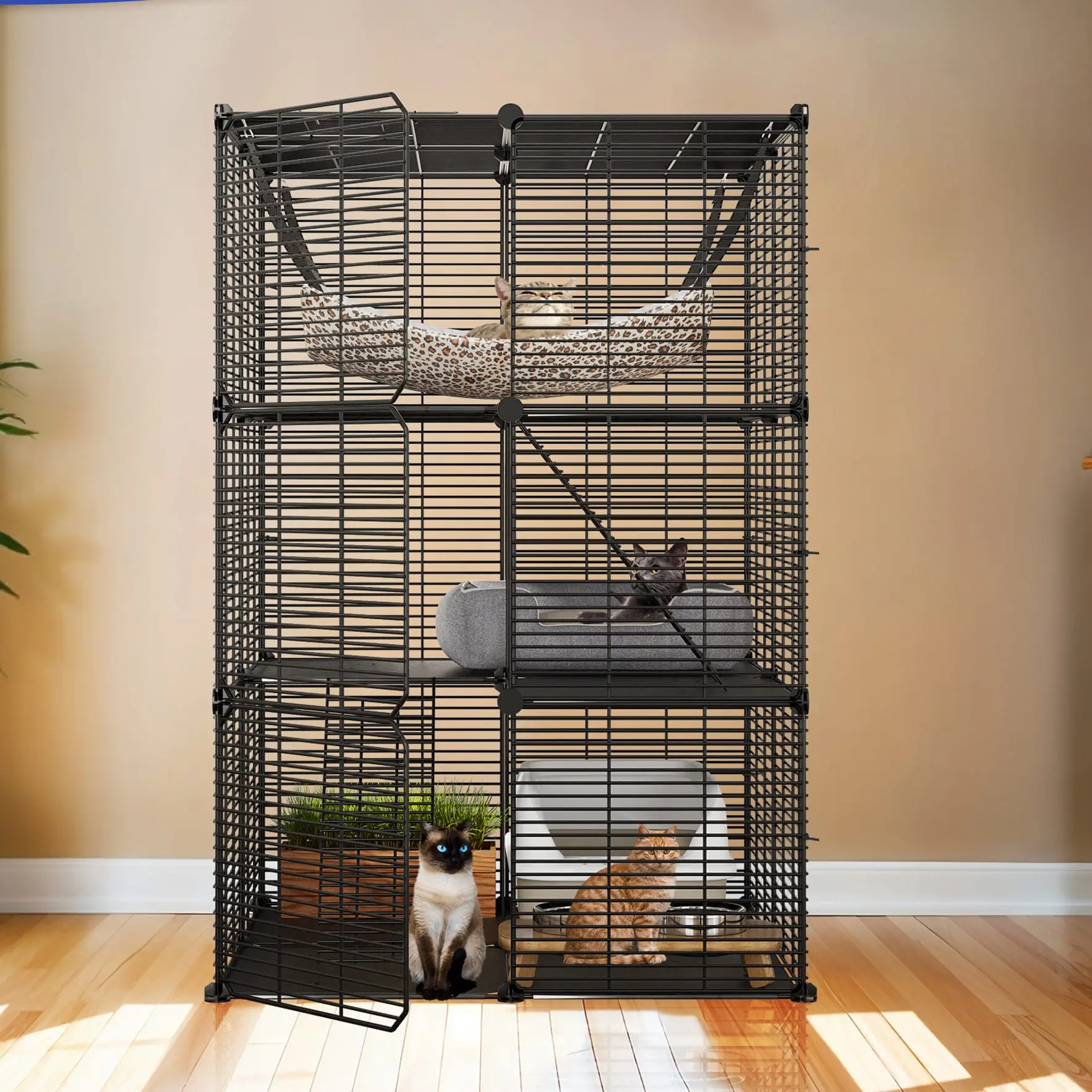 DWVO Cat Cage Indoor Cat Enclosures DIY Cat Playpen Metal Kennel with Extra Large Hammock for 1-2 Cats, Ferret, Chinchilla, Rabbit, Small Animals