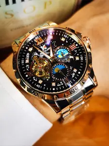 Men's Business Fashion Mechanical Watch, Rhinestone Decor Round Dial Luminous Fashionable Watch with Box, Trendy Wristwatch for Men As Gift, Mechanical Style Watches