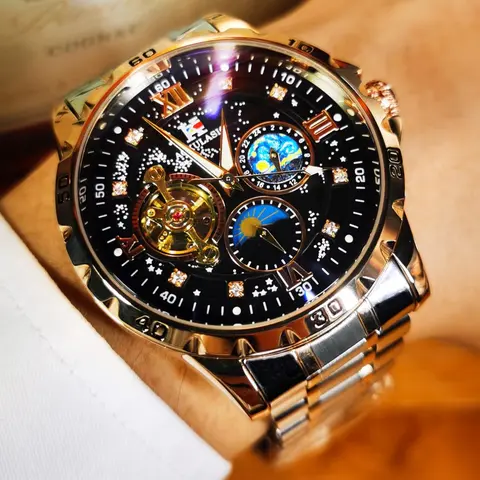 Men's Business Fashion Mechanical Watch, Rhinestone Decor Round Dial Luminous Fashionable Watch with Box, Trendy Wristwatch for Men As Gift, Mechanical Style Watches, Rhinestone Embellished Watch, Fashion Wristwatches