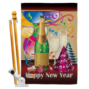 212 MAIN Wooden House Flag Set - 28x40 in. Vertical Double-Sided Happy New Year Winter Impressions Print Banners, Hanging Outdoor Decor with Adjustable Pole Bracket Hardware for Wall Mounting