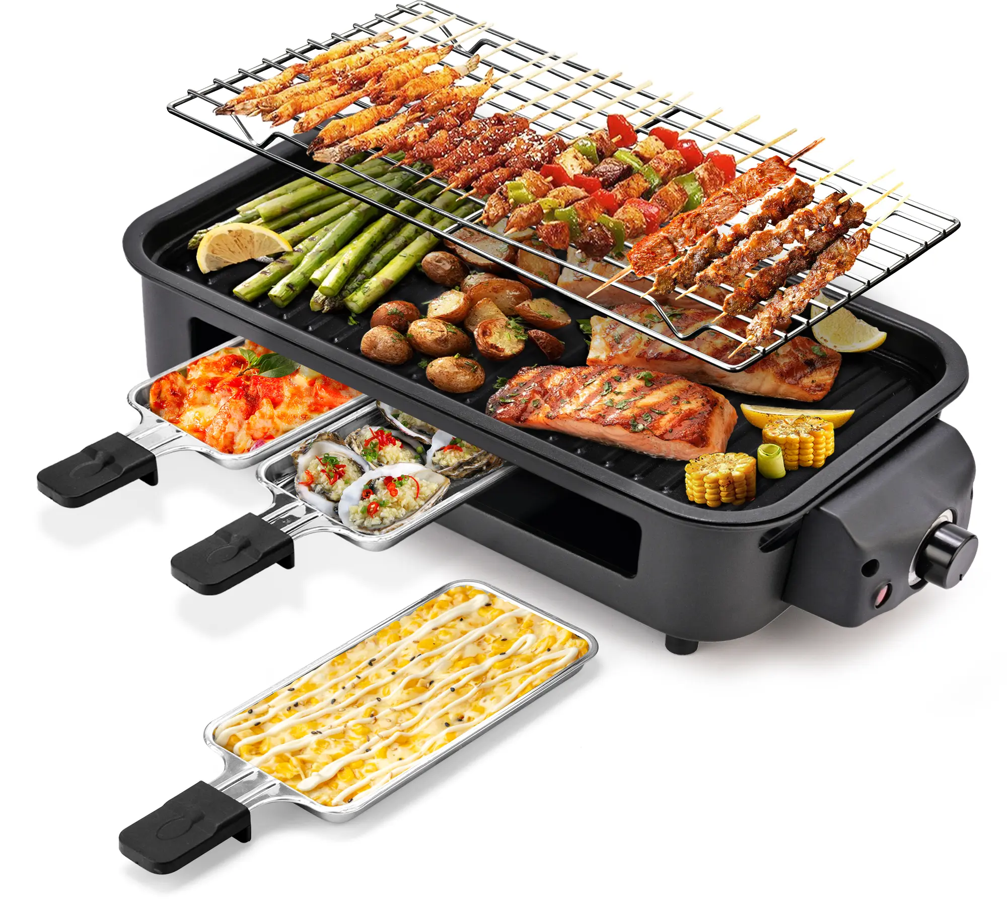Pukomc Indoor Smokeless Electric Grill – 1500W Rapid Heating, Non-Stick Removable Plate, Constant Temperature – Includes 3 Mini Raclette Pans & Wooden Spatulas, Dishwasher Safe