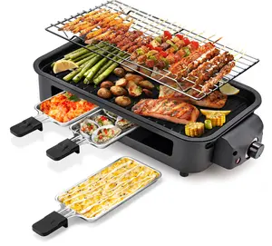 Pukomc Indoor Smokeless Electric Grill – 1500W Rapid Heating, Non-Stick Removable Plate, Constant Temperature – Includes 3 Mini Raclette Pans & Wooden Spatulas, Dishwasher Safe