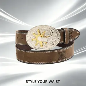 Western Sheriff Star Buckle Tooling Leather Belt Golden Scale Waist