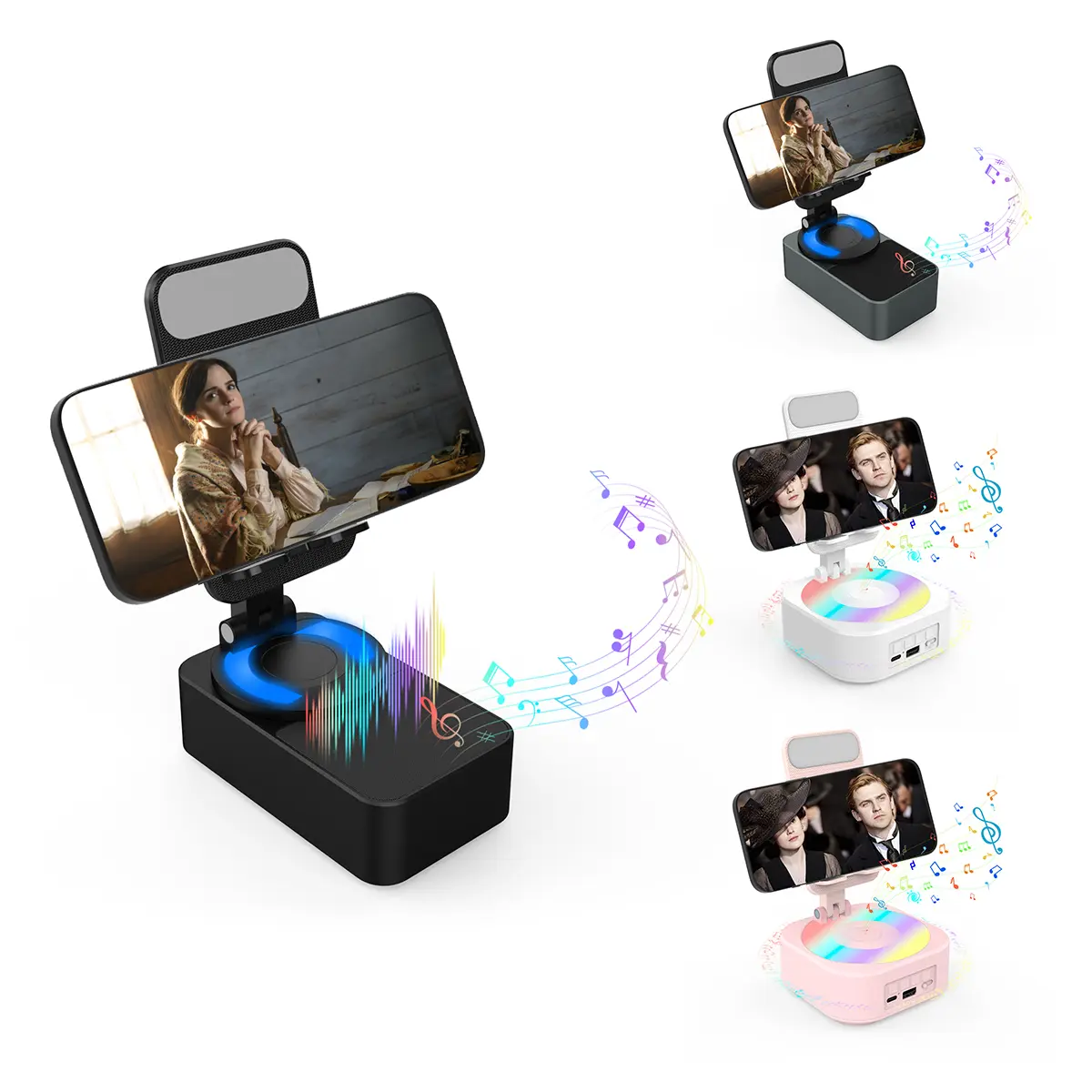 Elecomo 5-in-1 phone holder with audio Bluetooth speaker & LED Light/Power Bank, 5.3 HD Surround Subwoofer Sound,360° Rotable Foldable Lift-Non-Slip Base, ideal for home, outdoor and office