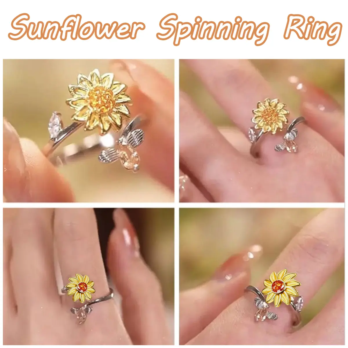 Women's Fidget Spinner Ring - 0.6-inch Adjustable Flexible Fidget Rings with Cubic Zirconia Daisy & Sunflower Designs, Customizable Engraving for Anxiety Relief, Gift for Anyone Needing a Touch of Sunshine, Stress Toy Rings
