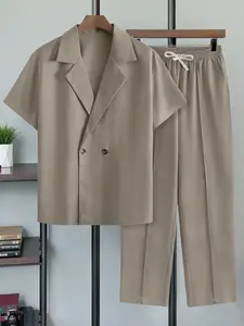 Men's 2 Piece Casual Suit Set Short Sleeve Double Breasted Plaid Blazer & Elastic Waist Pants Summer Business Casual Outfits