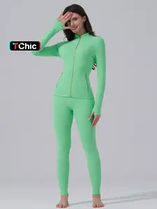 Women's Sporty Tracksuit Set (Gardenia Fragrance), Golden Zipper Jacket with Pockets & Yoga Pants, Thumbholes Design, Casual Wear for Women, Sweatsuit with Pockets, Sports Activewear Set