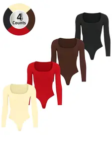 Women's Slimming Cinched Waist Bodysuit Set, Cream Fabric Shapewear Long Sleeve Thong Design, Elegant Comfortable Fit for Fall Winter Season