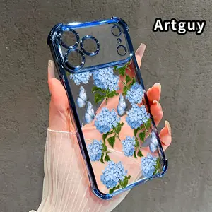 Phone Case for iPhone 17 Pro Max 16 15 Plus Air 14 13 12 11 E Hydrangea and Butterflies Pattern Transparent Lens Protection Durable Soft Silicone Cover Gift