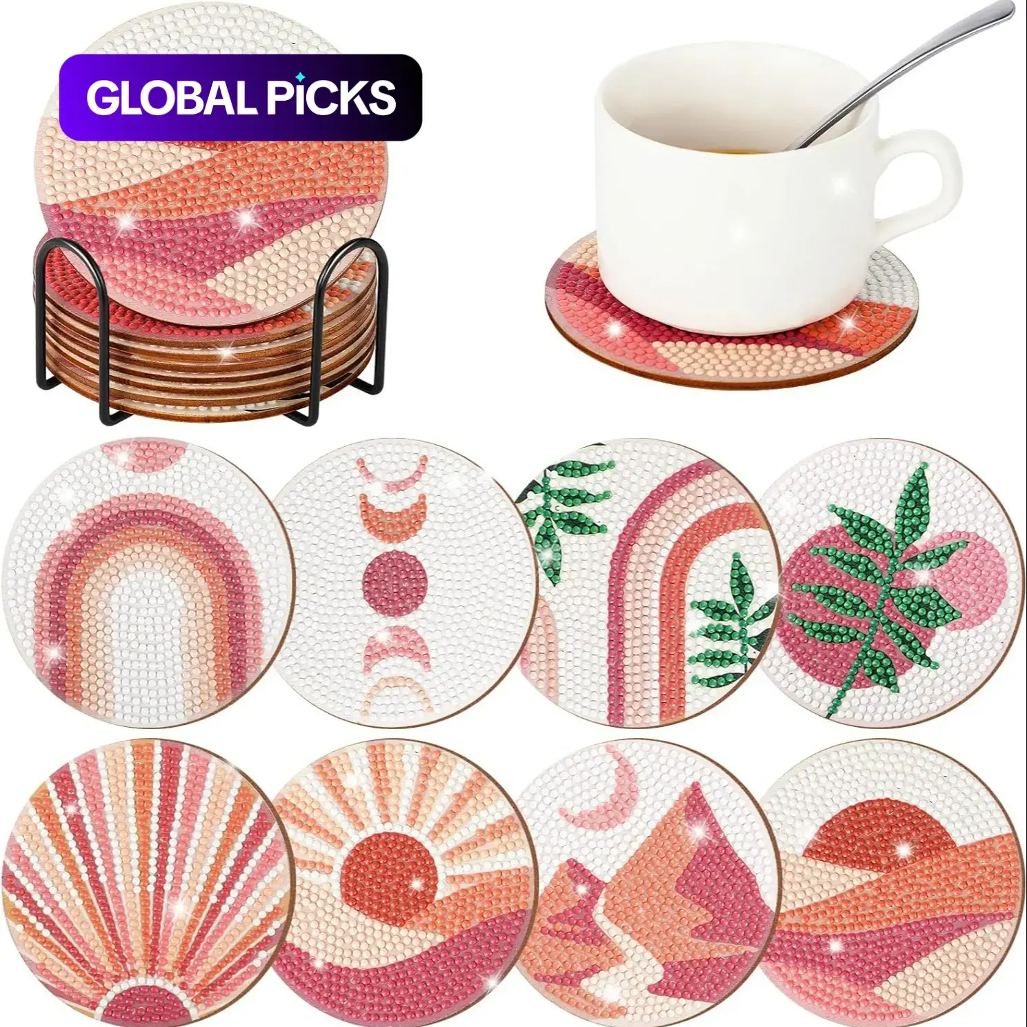Pastel Landscape DIY Diamond Painting Coasters, Set of 8 Wooden Round Coasters with Stand for Home, Kitchen & Coffee Shop #GLOBAL PICKS