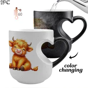 1pc 11oz Shimmering Heart Ceramic Mug | Thermosensitive, Highland Cow Print Ceramic Magic Color-Changing, Heart-Shaped Handle Mug, Perfect for Special Moments, Gift for Friends, Lovers, Mothers And Fathers, Hand Wash Only