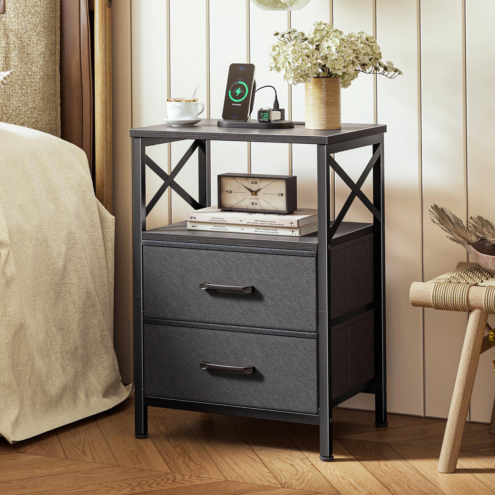 Huuger Night Stand with Charger Station, 2 Drawer Nightstand with Open Shelf, Bed Side Table with USB-C Port, End Table, Compact Size for Small Spaces, X Shaped Side Rail Huuger Night Stand with Charger Station, 2 Drawer Nightstand with Open Shelf, Bed Side Table with USB-C Port, End Table, Compact Size for Small Spaces, X Shaped Side Rail