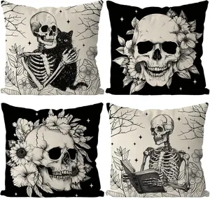 Halloween Pillow Covers 18x18 Inch Set of 4 Skeleton Floral Throw Pillow Covers Holiday Farmhouse Pillowcase Couch Cushion Case for  Sofa Living Room Decor
