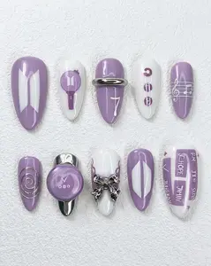 BTS OT7 Press On Nails, Purple Borahae ARMY Fandom Accessories with Custom All-Member Names Art, Kpop Concert Merch, Edgy Y2K Design
