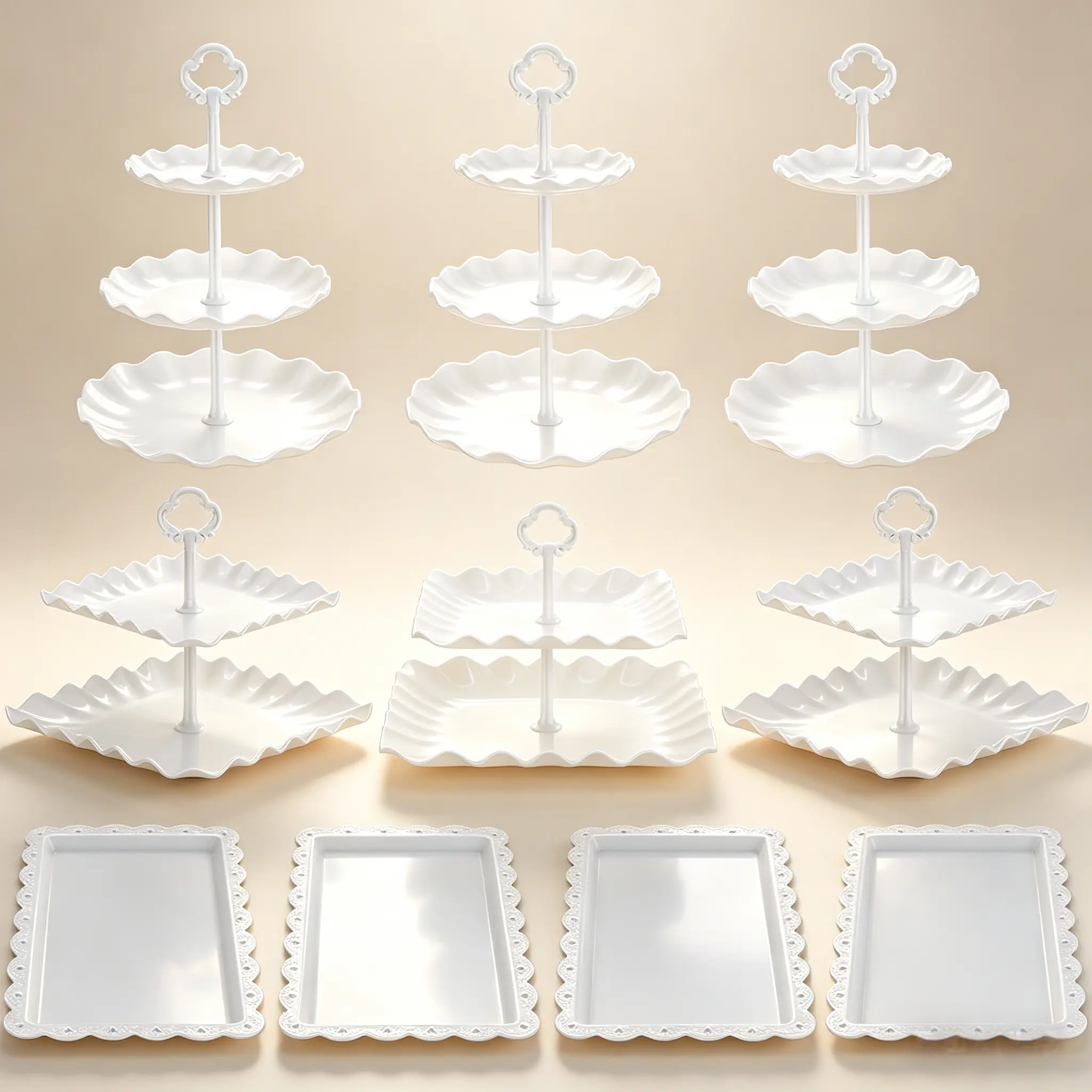 Lightweight Plastic Dessert Table Organiser Kit (10-Piece) - 3x 3-Tiered Cupcake Stands, 3x 2-Tiered Cupcake Stands, 4x Trays for Birthday, Wedding Events