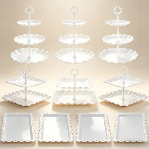 Cupcake Stands 10-Piece Dessert Stand Set - Durable, Lightweight, Non-Toxic Food-Safe Corrosion-Resistant Plastic, 3x3-Layer, 3x2-Tiered Serving Towers, 4x Scalloped-Edge Trays, Washable Boho Kitchenware for Birthday, Bridal Shower Display