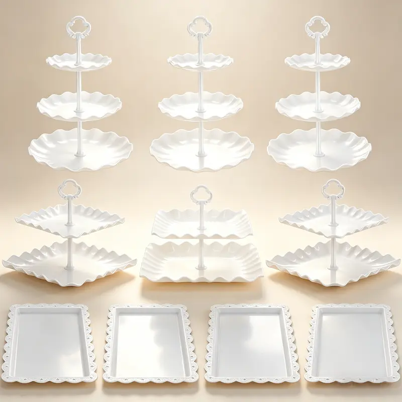 Cupcake Stands 10-Piece Dessert Stand Set - Durable, Lightweight, Non-Toxic Food-Safe Corrosion-Resistant Plastic, 3x3-Layer, 3x2-Tiered Serving Towers, 4x Scalloped-Edge Trays, Washable Boho Kitchenware for Birthday, Bridal Shower Display