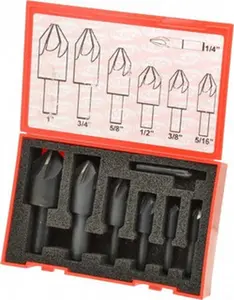 KEO 7-Piece Single-End Countersink Set - 6 Flutes High-Speed Steel Cutters, 1/4 to 1" Head Diameter, 90° Included Angle, Model 55058 for Countersinking Applications