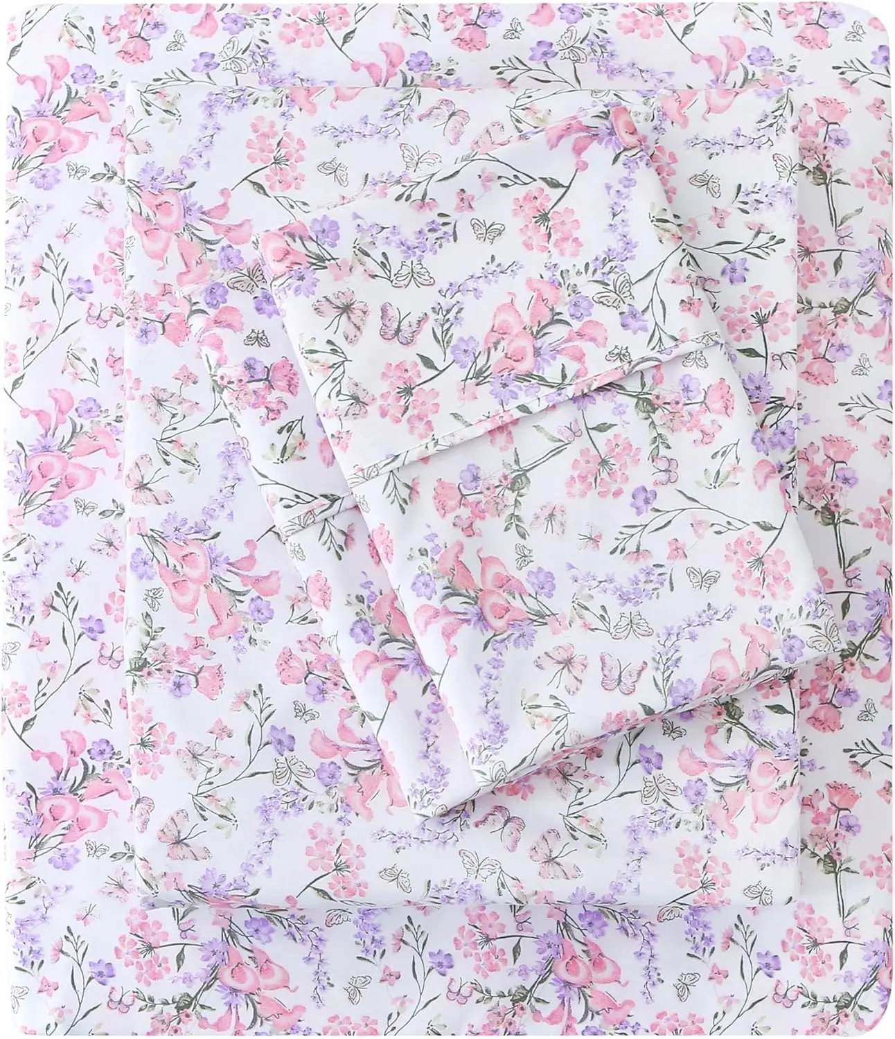 Cozy Vintage Microfiber Printed Queen Sheet Set - Soft Breathable Percale Cotton Floral Bed Sheets with Deep - Non-Slip Fitted - Pink Purple Flowers Pattern