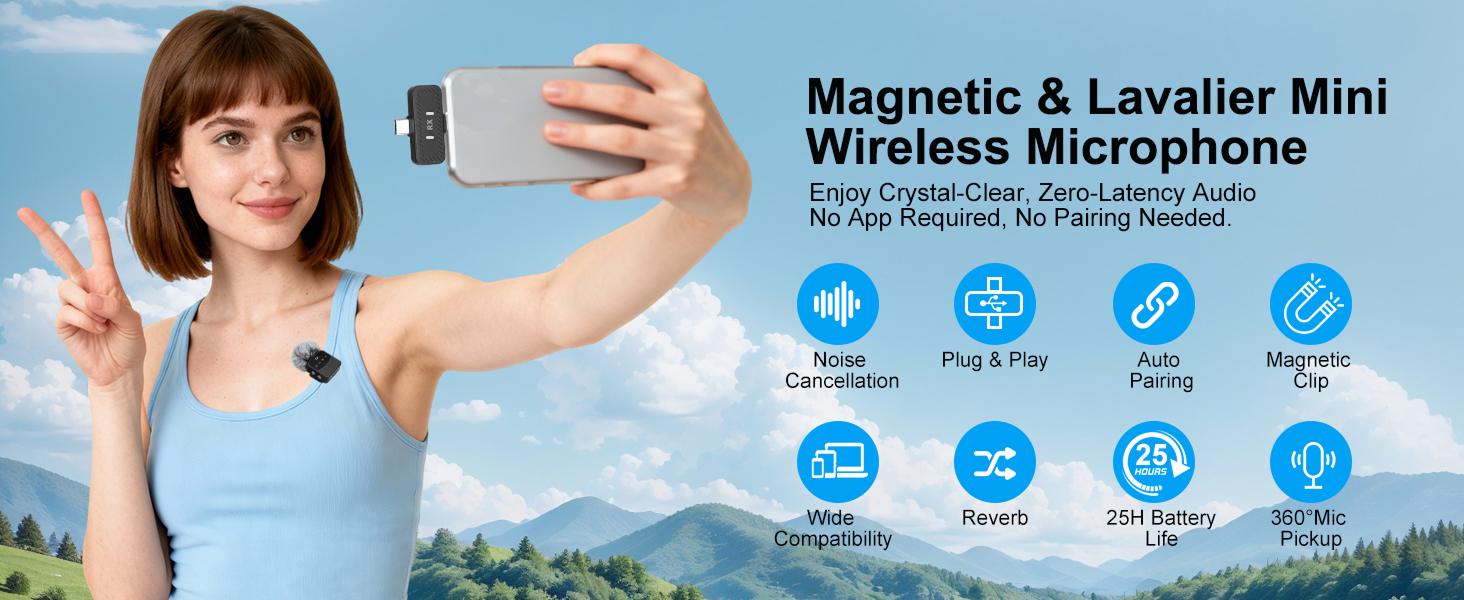 Wireless Lavalier Microphone for iPhone & Android, Mini Magnetic Mic with Noise Cancellation, 25H Battery, Perfect for TikTok, Vlogging, Live Streaming