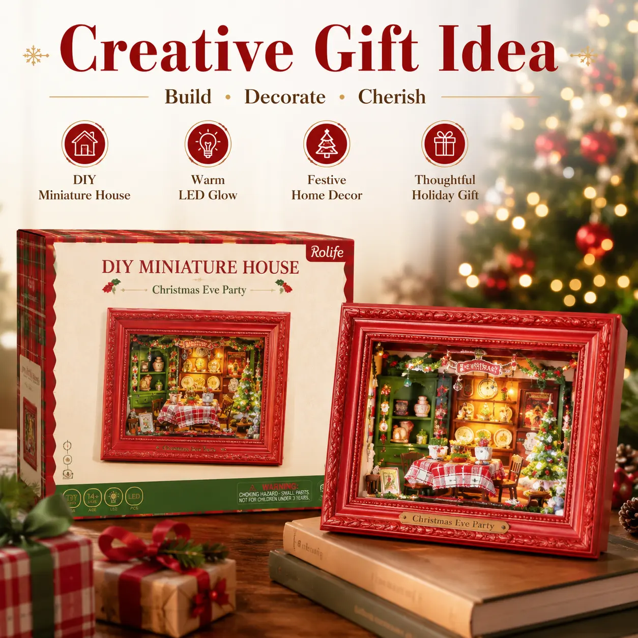 【ROBOTIME】Rolife 125-Piece 3D Puzzle DIY Miniature Dollhouse Kit - 3D Wall-Mountable Building Set with Bright Red Frame, Christmas Traditional Tree Ornaments, for 12+ Years, Home Decoration Gift Reusable Fidget Skin Picking Pad Metal Fusion BeyBattle