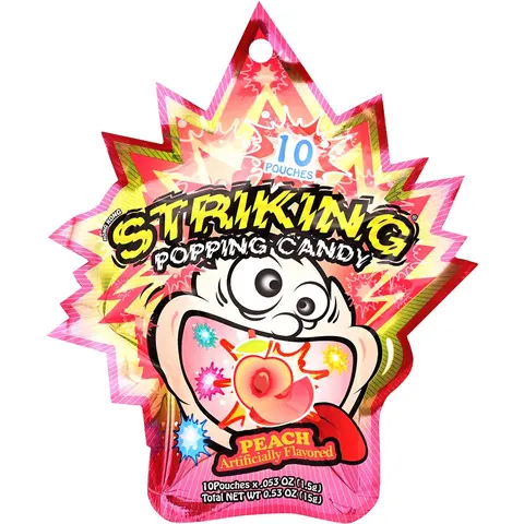 Striking Popping Candy Snacks - 15g Sweet, Fruity Variety Pack with Peach, Blueberry, Watermelon, Cola, Super Sour, Lychee, Strawberry, Green Apple, Mango Flavors