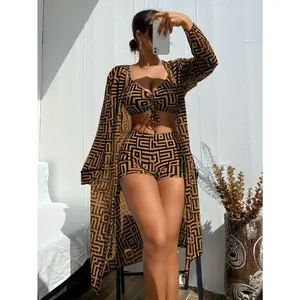 ZAFUL Summer Special: Unique Brown Khaki Geometric Pattern Bikini Three Piece Set With Shawl - Long Sleeved Design, Elegant Long Sleeved Bikini Shawl, Lace Up Front, Essential Item For Beach Enthusiasts Color Block Swimsuit Tropical Print Swimsuit