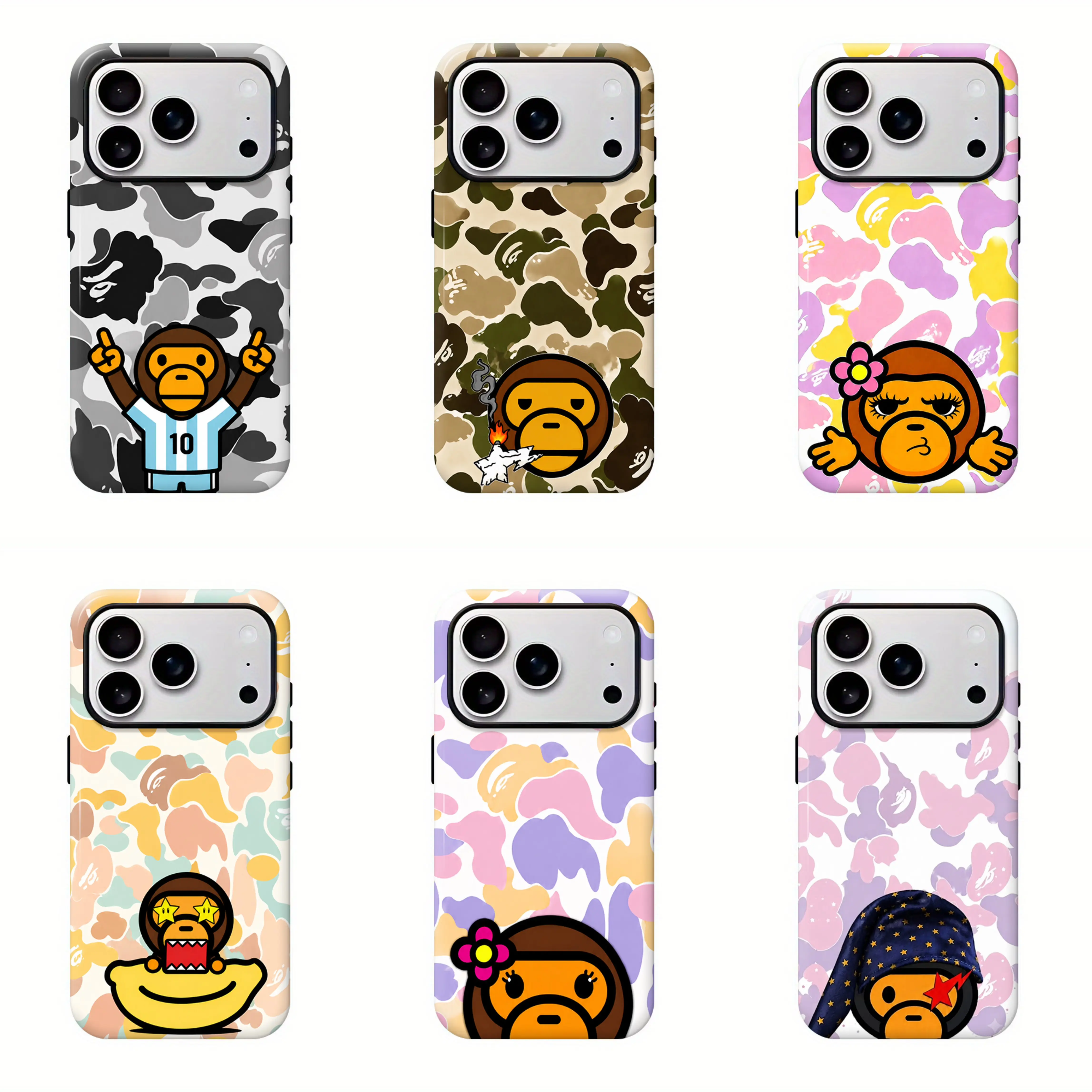Bape Cute Baby Milo Camo Protective Y2K Streetwear Phone  Protective Cover for iPhone 12 13 14 15 16 17 Pro Max