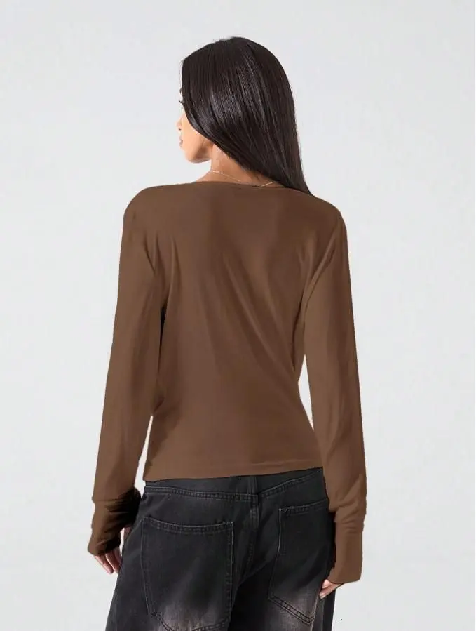 LYSMO Women's Solid Color Long Sleeve Plunging Neck Fashionable