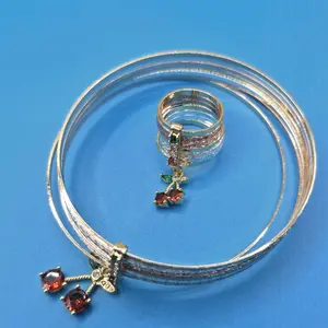 7days Set Ring #7 with Bracelet Red Cherry Charm Design 2.5-inch Diameter 27.6 Grams Gold-Filled Water-Resistant Fashion Jewelry for Women