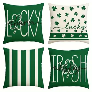 Green Lucky Clover St. Patrick's Day Pillow Covers, Irish Style Cushion Covers, suitable for home sofas, party decorations, room decor, 4-piece set, bedroom decor (pillow inserts not included)