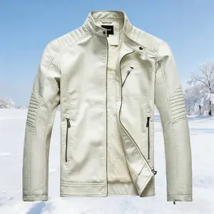 Winter New Men's Stand Collar Fleece-Lined Leather Jacket, Vintage Motorcycle Style, Stand Collar Design with Multiple Zipper Pockets, Fleece Lining, Distinctive Leather Texture, Suitable for Stylish Men for Daily  Beige Casual Long Sleeve Coats