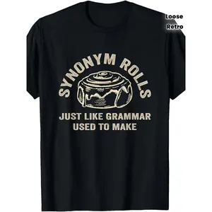 ❤ Funny Grammar Pun Synonym Swing for/compatible for Cinnamon Rolls Teacher Humor T-Shirt - Soft Retro Loose Fit Unisex Tee, Gift for Educators, and Vocabulary Lovers (Year-Round Wear)