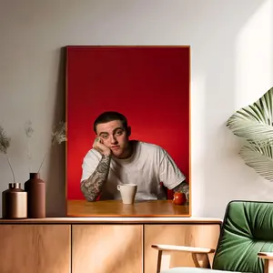Mac Miller Poster – Red Background Photography Print | Hip-Hop Wall Art for Fans