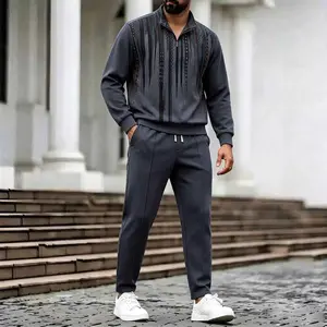 Men's Vertical Print Quarter Zip Tracksuit 2 Piece Set, Stand Collar Long Sleeve Pullover & Drawstring Waist Straight Leg Sweatpants, Comfort Lightweight Matching Tracksuit for Outdoor Activities & All Season Daily Outfits