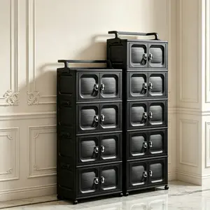 3/4/5 Tier Black Foldable Stackable Storage Cabinet with Magnetic Auto-Close Double Doors, 360° Silent Rolling Wheels & Top Handle, Tool-Free Assembly, Space-Saving Modular Collapsible Plastic Organizer for Bedroom,Bathroom,Pantry&Narrow Spaces
