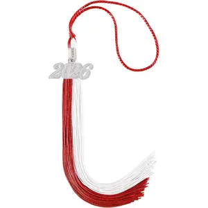 Graduation Tassel 2026 Double Color Tassel with Silver Year Charm 9" Red and White