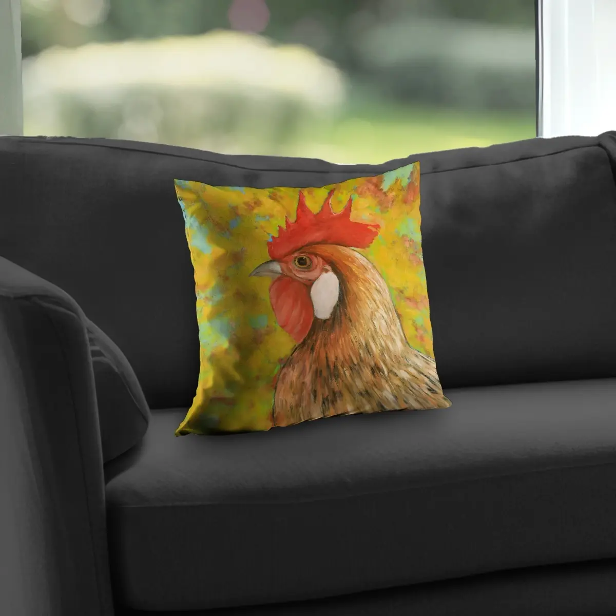 Begin Home Decor C1PT1414LYG596 14 x 14 in. Colorful Chicken - Feathers Contemporary Poly Twill Throw Pillow