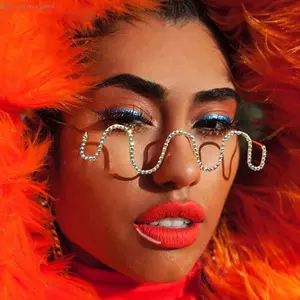 Women's Sparkly Rhinestone S-Shaped Half-Rimless Camera Accessory Glasses - No-Lens Wavy Metal Decorative Frame, Minimalist Comfortable Bling Statement, Ideal for Parties, Photoshoots