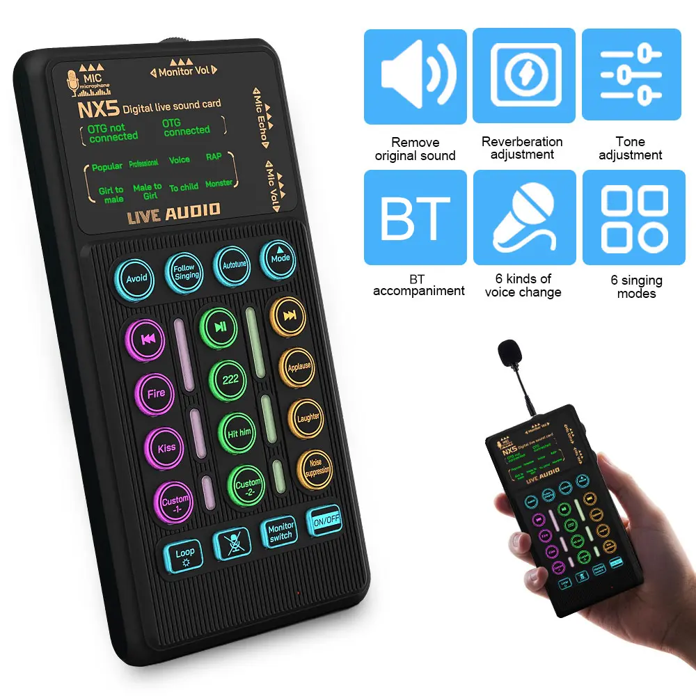 Portable Handheld Sound Card Set, Portable Voice Changer Device, Live Streaming Vocoder, Audio Mixer for PC, Microphone Kit for Podcasts, Broadcasting, Gaming, Podcast Studio Equipment