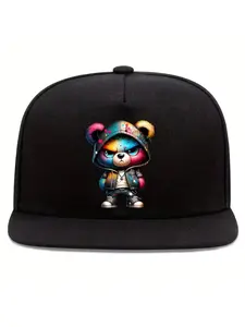 Colorful Hip-Hop Bear Print Unisex Hat, Street Fashion Outdoor Sports Baseball Cap, Adjustable Flat Brim, Perfect Gift
