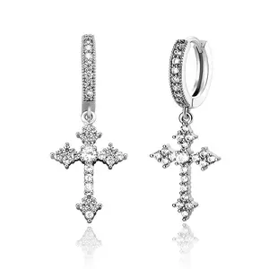 Black Personality Full Diamond Cross Earrings Hoop Niche High-end Earrings Studs Ear Clips Unisex