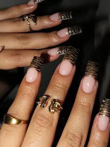 Y2K 24pcs Medium Square Press-On Nails, Gold Glitter French Tips with Black Zebra & Leopard Print Design