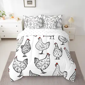 Chicken Comforter Set with Sheets,Farm Nursery Decor 7 Pieces Bedding Set,Farmhouse Animal Bed in a Bag,Black White Bed Set,White Black