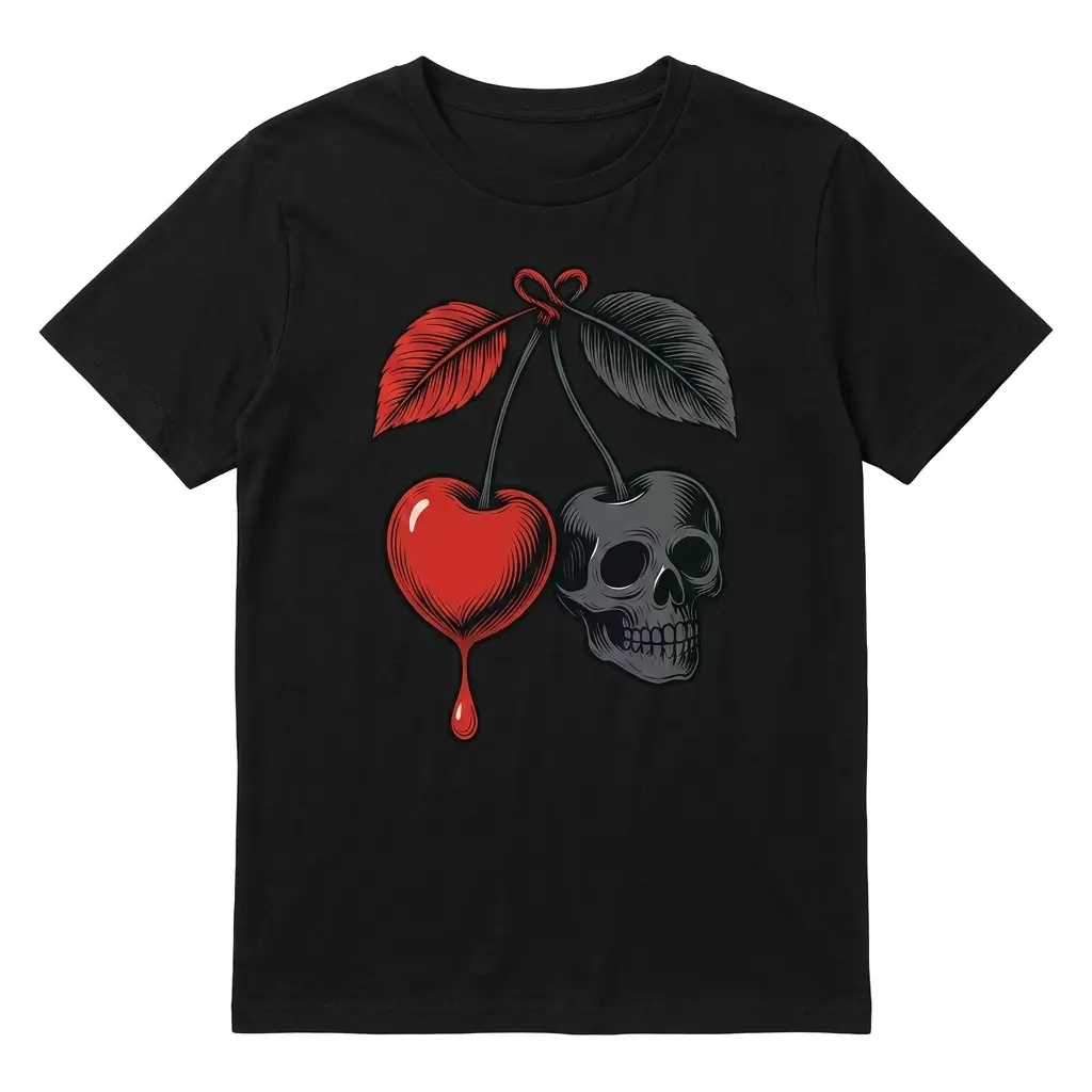 Women's Gothic Style T-Shirt, Cherry and Skull Pattern - Featuring red fruit and bone designs, medium stretch round neck casual T-shirt, suitable for spring, summer, and autumn, machine washable, regular fit gothic everyday shirt Loose Soft