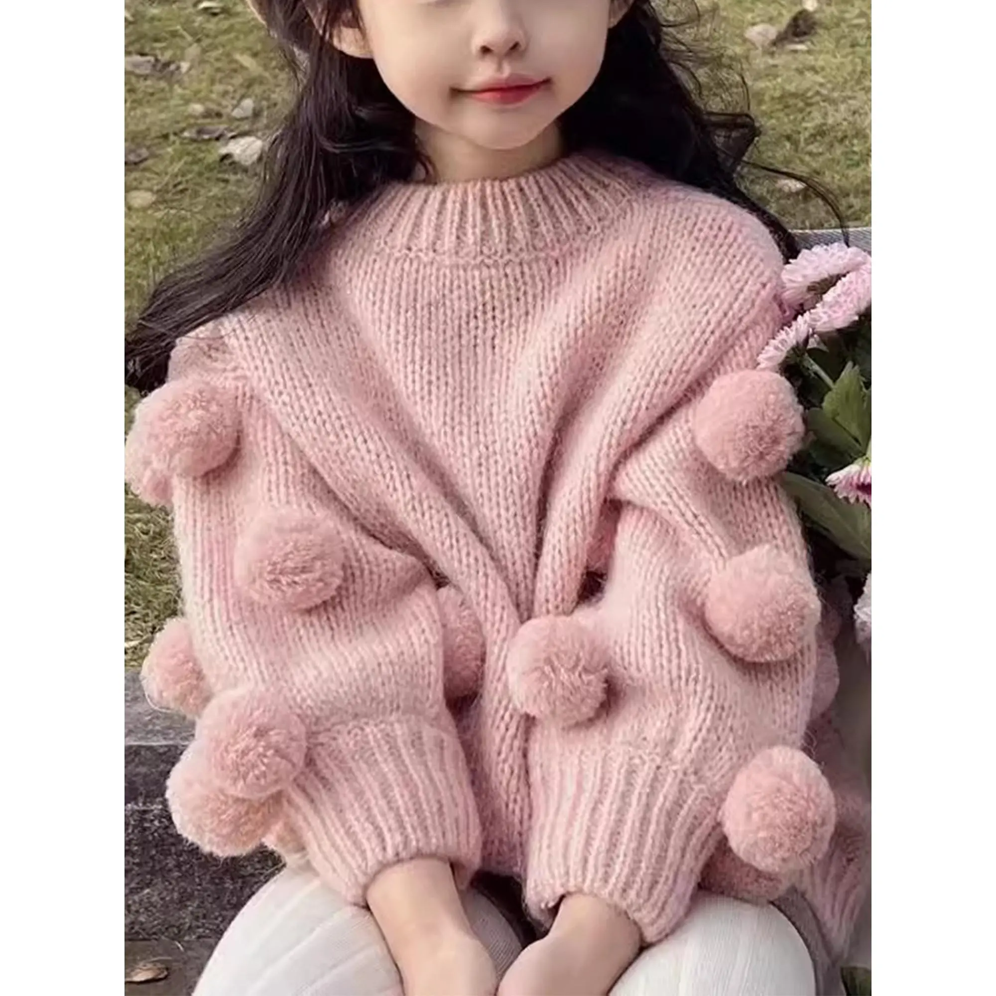 Girls' Korean Style Pink Batwing Sleeve Pullover Sweater - Soft Stretchy Knit Round Neck Loose Fit Long Sleeve Winter Sweater for Casual & Special Occasions, Cozy Fall Winter Sweater for School, Playdates & Family Outings (Easy-Care Hairball Fabric)