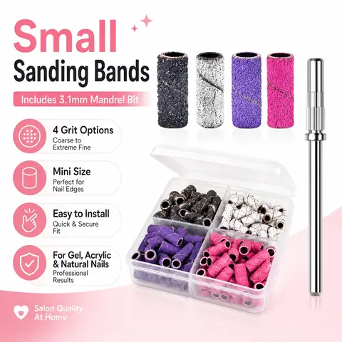 LAVAED 100 PCS Mini Sanding Bands Multi-Pack Pedicure Tool with 3.1mm Mandrel Drill Bit - 4 Grit E-File for Gel, Acrylic & Natural Nails, Nail Prep Kit with Storage Case for DIY Manicure Shaping